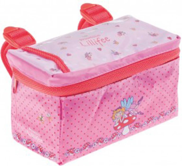 Rosa Kindertasche mit roten Details und verspieltem Feenmotiv. Rosa Kindertasche mit roten Details und verspieltem Feenmotiv.