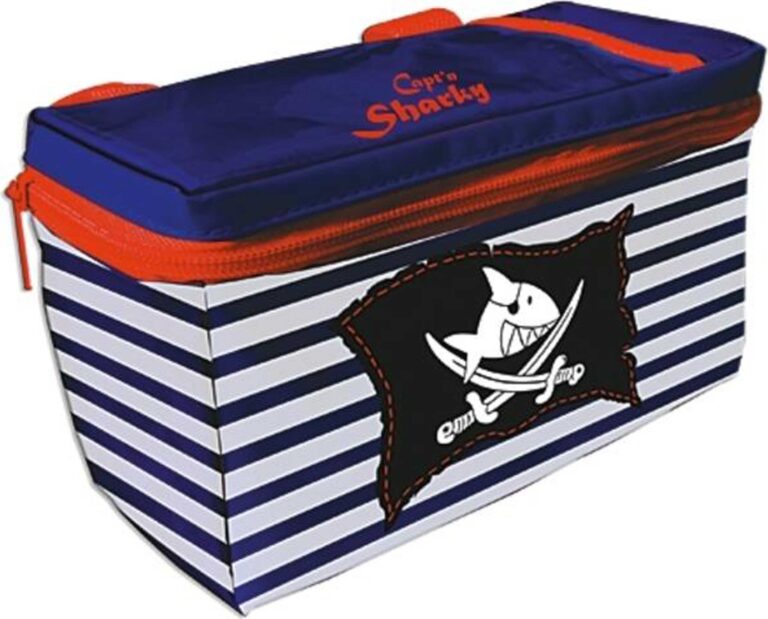Gestreifte Kühlbox mit Piratenmotiv und rotem Reißverschluss. Gestreifte Kühlbox mit Piratenmotiv und rotem Reißverschluss.